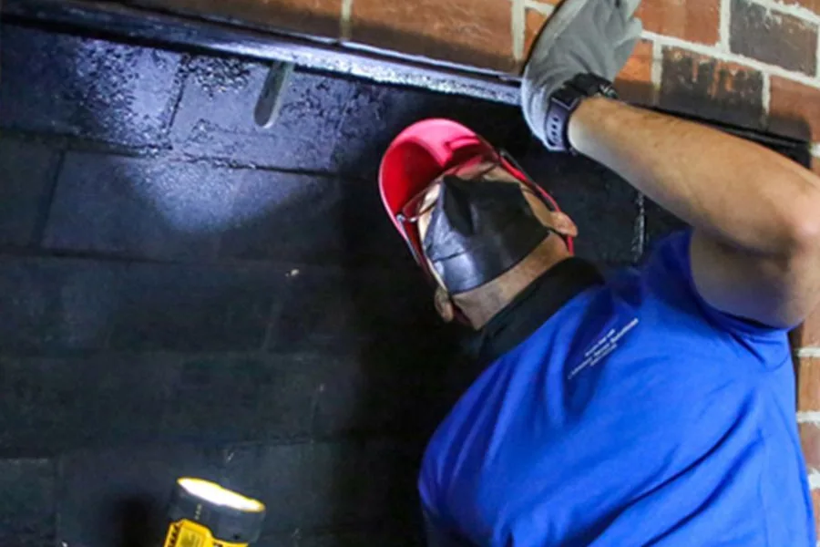 A technician inspecting a fireplace with a work light to trace a chimney leak