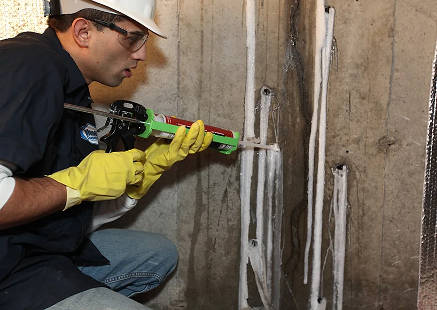 A repaired and sealed poured-concrete foundation wall in a basement